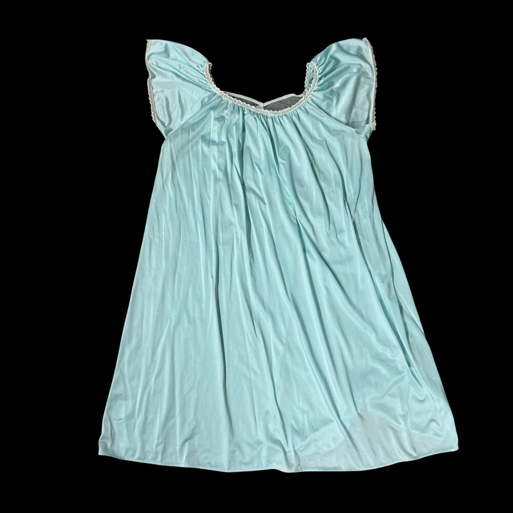 Vintage Nightgown Pajamas Aqua Nylon Lace Ruffle Sleeves Miss Elaine USA Medium - Picture 3 of 11